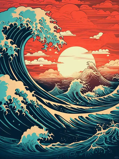 Crimson Ocean Wave – Diamond Painting Kit